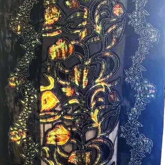 Black, Yellow, Green Floral and Filigree Embroidered Shawl - Picture 3 of 6